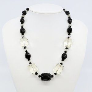 Vintage Faceted Black and Clear Glass Chunky Beaded Foxtail Chain Necklace 1930s